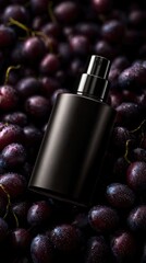 A dark, rectangular perfume bottle rests on a bed of glistening, dark-purple grapes.  The image has a moody, dramatic lighting style