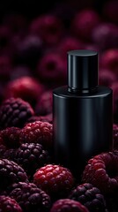 A dark, cylindrical perfume bottle sits amidst a bed of plump, ripe raspberries and blackberries, the deep red and purple hues creating a rich, luxurious feel