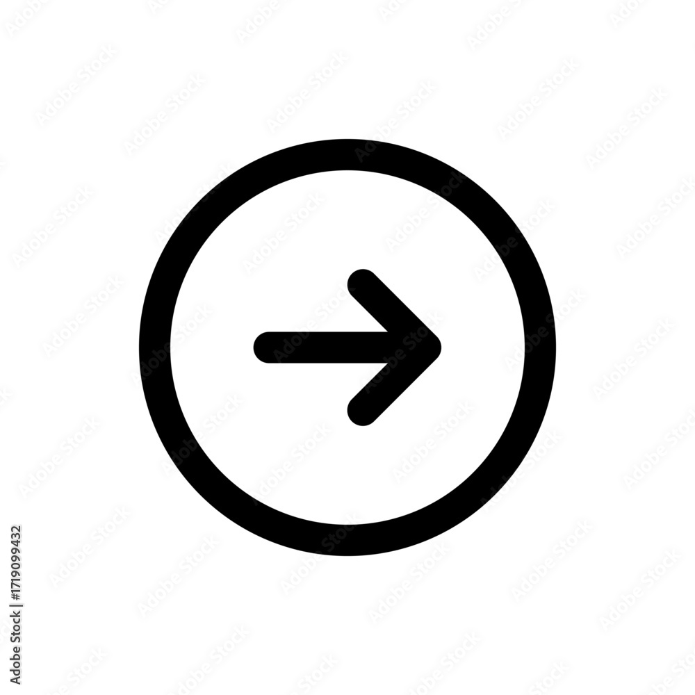 Poster arrow pointing right enclosed in a black circle outline indicating direction and navigation in a sim