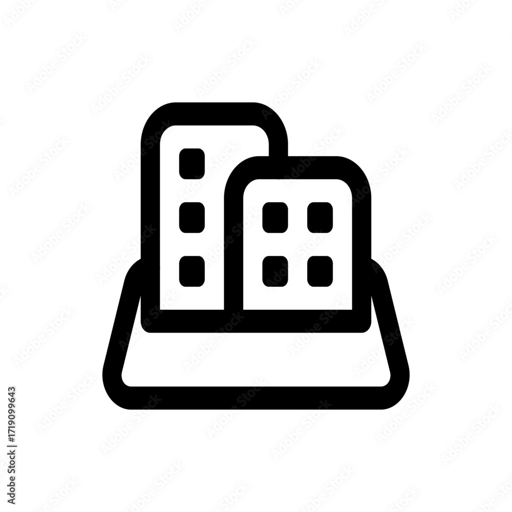 Poster Iconic representation of two buildings with visible windows standing on a stylized platform design element