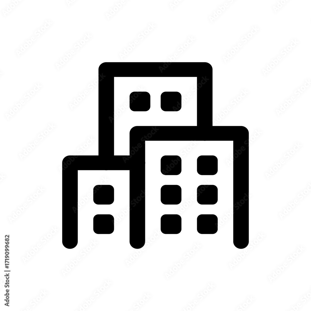 Poster illustration of a simple black building icon with multiple floors and square windows in a minimalist