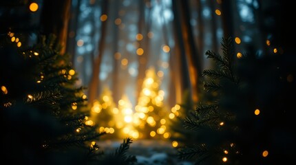 Enchanted Forest Luminescence: a breathtaking display of festive illumination, with soft focus and a dreamy aesthetic to evoke peace and serenity in the heart of winter. 