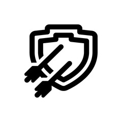 Black and white graphic of a shield with two arrows crossing behind it in a simple outlined design style