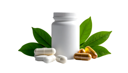 White supplement bottle, flanked by vibrant green leaves, with assorted capsules and tablets scattered at its base against a black background