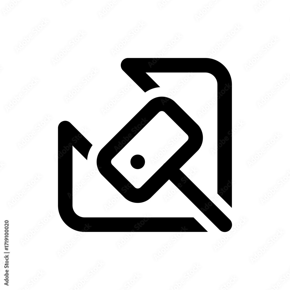 Poster black and white illustration of a hammer striking an object with a rectangular shape and rounded cor