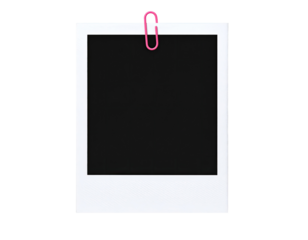 A blank square instant photo frame, held by a pink paperclip