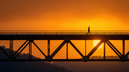 person walks across bridge at sunset enveloped in historical narrative of its construction