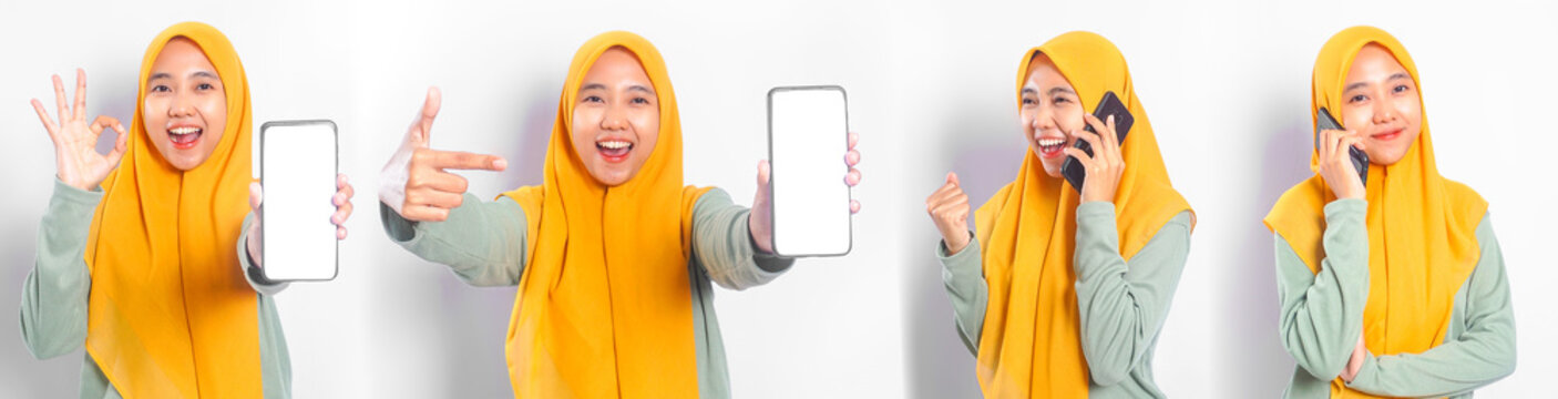 Set collection or collage of Asian muslim woman with hijab holding and talking on the phone call showing different poses isolated on white background