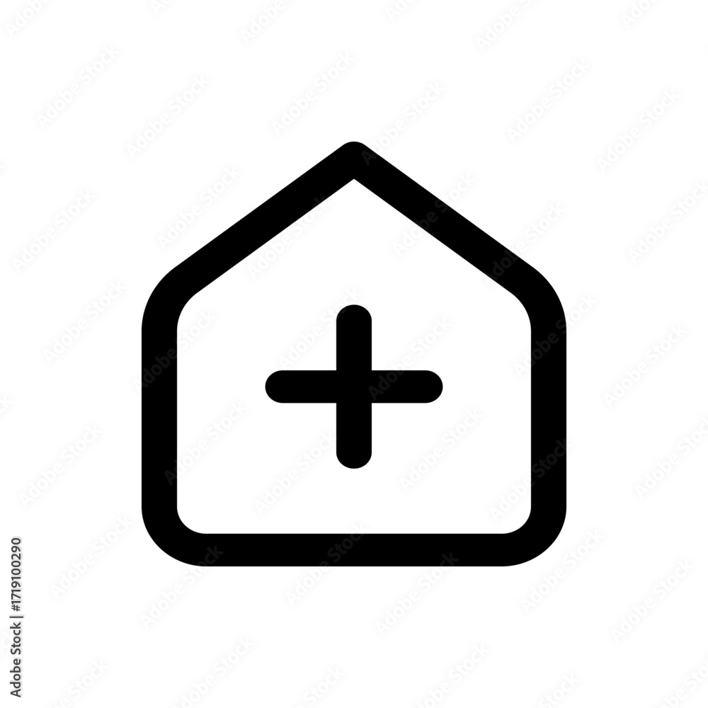 Poster black outlined house shape with a plus sign in the center against a white background in simple style