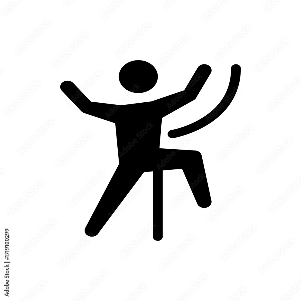 Poster silhouette of a person balancing on a pole with arms raised and one leg up and a curved line in the 