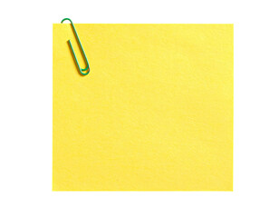 Blank yellow sticky note with a green paperclip