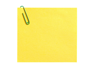Blank yellow sticky note with a green paperclip
