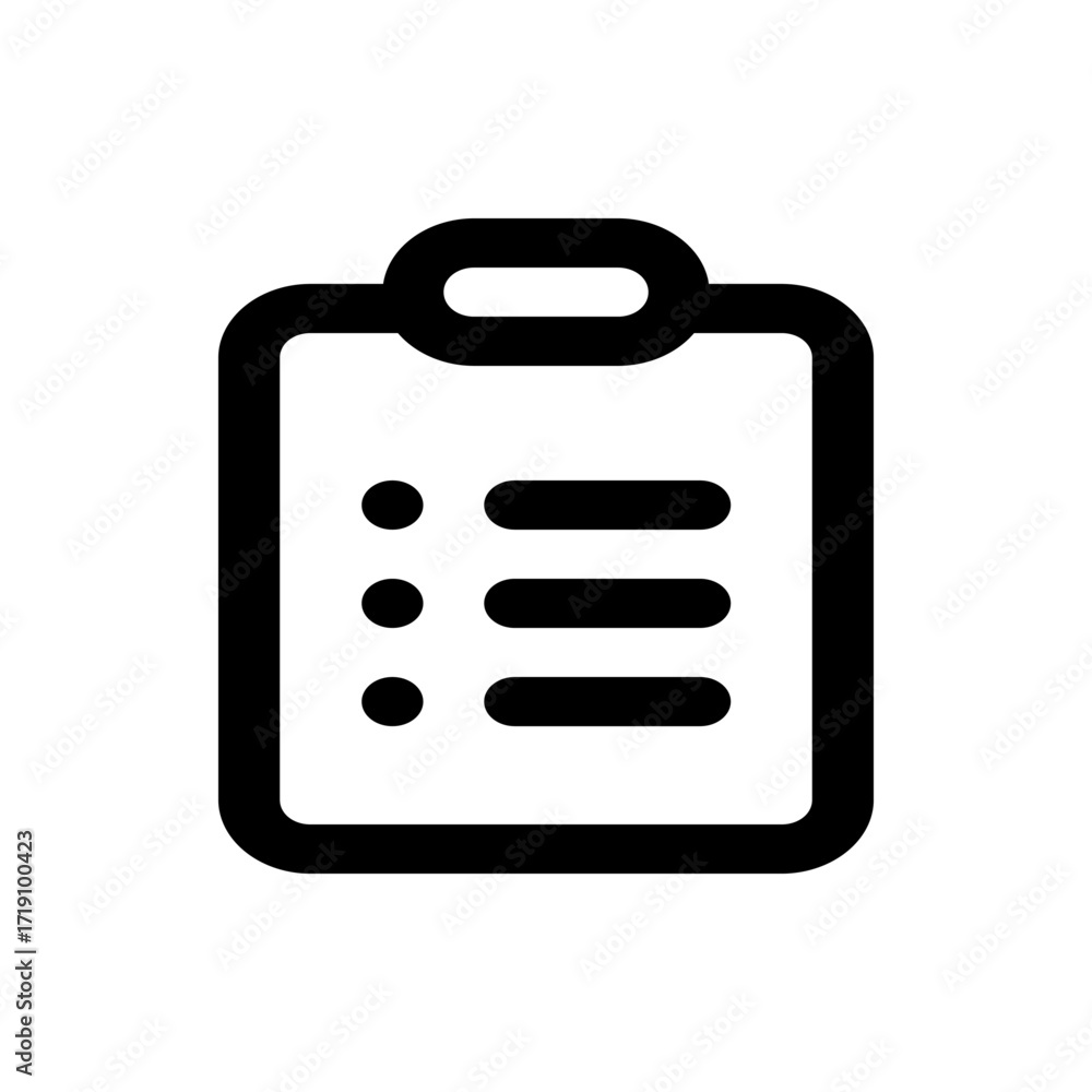 Poster black and white clipboard icon with three bullet points and three horizontal lines representing list