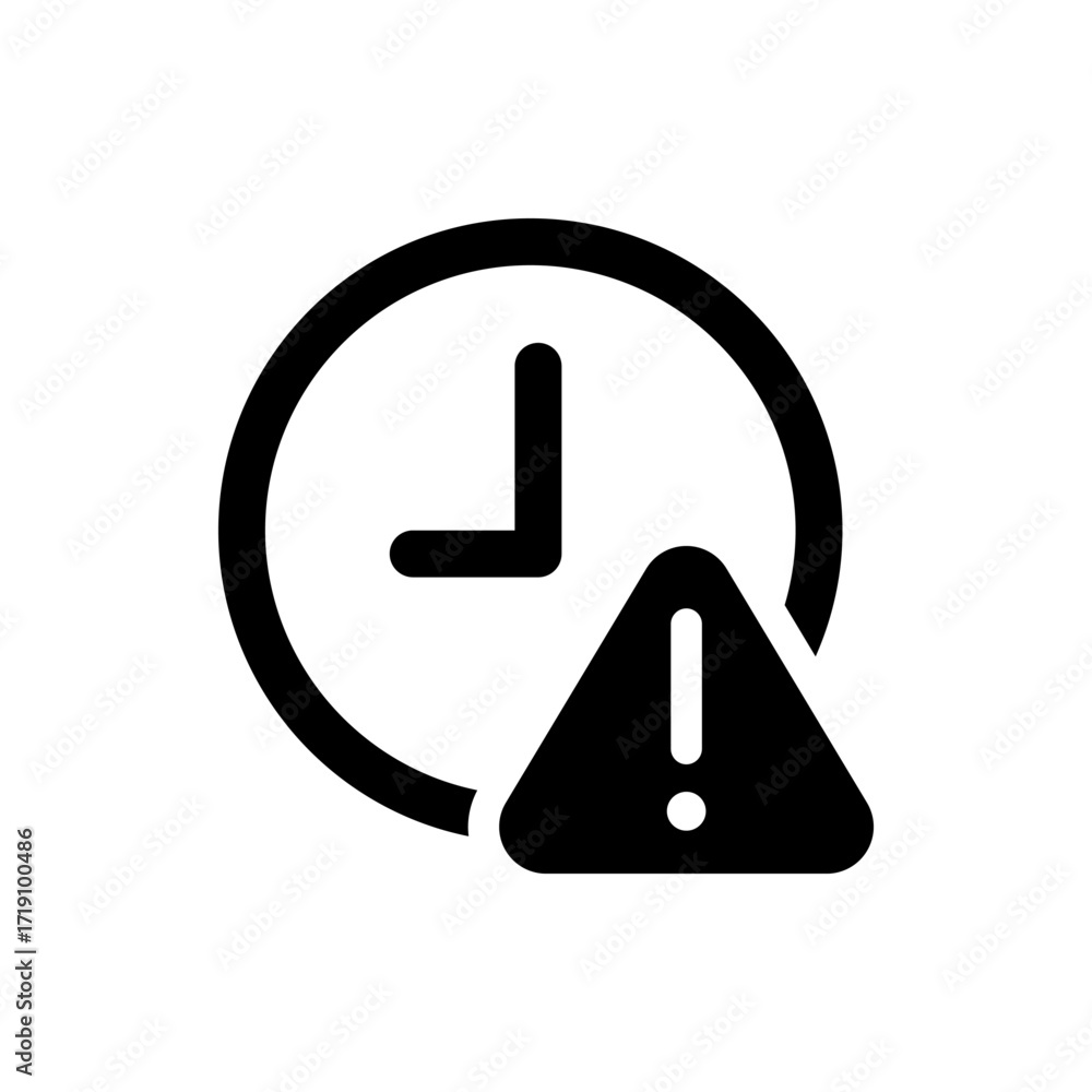 Poster Black clock with short hand and warning triangle indicating a time related alert or urgent notification icon