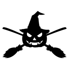 Logo con silueta de calabaza de Halloween Jack O Lantern con sombrero de bruja y escobas cruzadas para felicitaciones y tarjetas © teracreonte