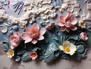 Floral Fantasy: A whimsical, up-close view of a sculpted floral arrangement comes alive, the pastel hues of the blossoming flowers and leaves creating a delightful garden feel.