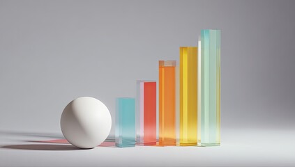 Ascending translucent prisms, vibrant hues, culminating in tallest yellow-green, juxtaposed with a matte white sphere casting a shadow on a minimalist gray backdrop