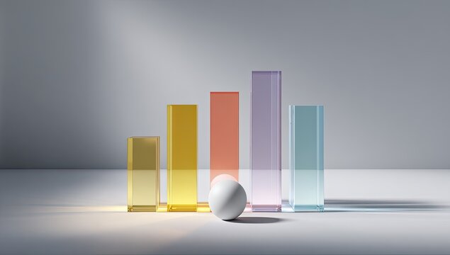 Pastel glass columns of varying heights, a white sphere rests at their base, illuminated by a soft light against a neutral backdrop
