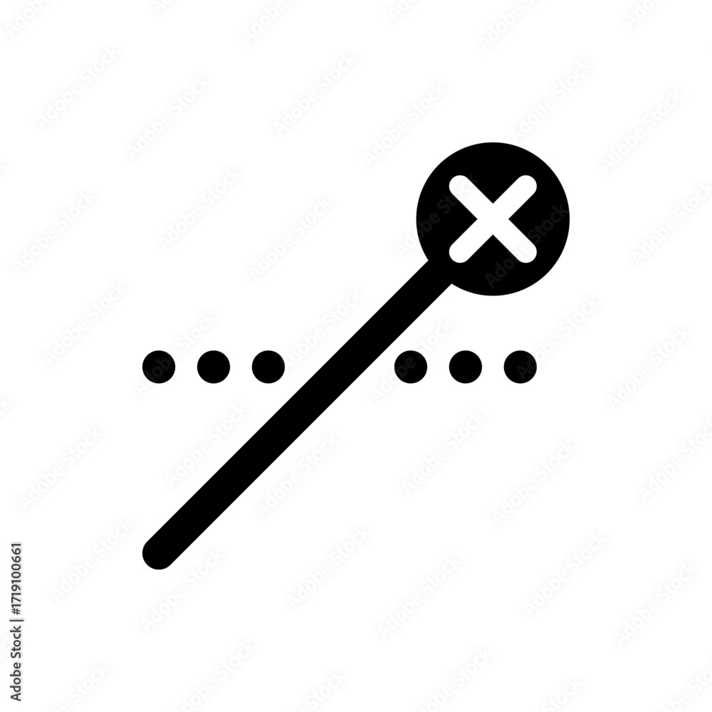 Poster black diagonal line leading to a circle with an x above a row of dots on a white background vector