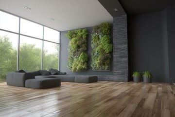 Modern living room featuring a dark gray color palette, lush vertical gardens, and ample natural light.