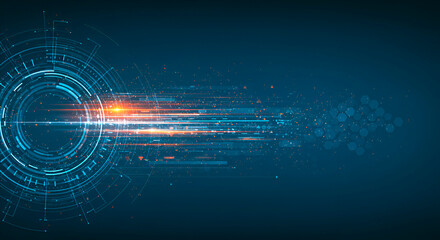 Fototapeta premium Digital circles and flashes of glowing dots on a blue background. Visualization of a database in cyberspace. Abstract futuristic modern background