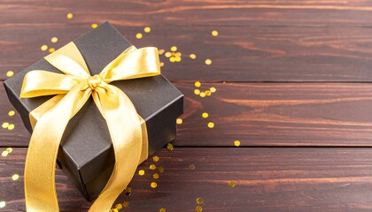 Black gift box with gold ribbon and confetti