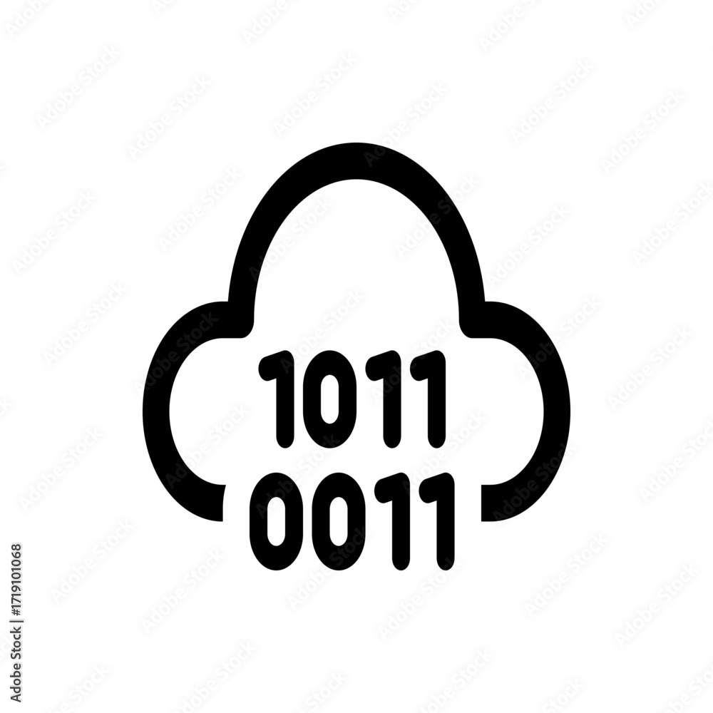 Poster illustration of a cloud shape containing binary code represented by the numbers zero and one in blac