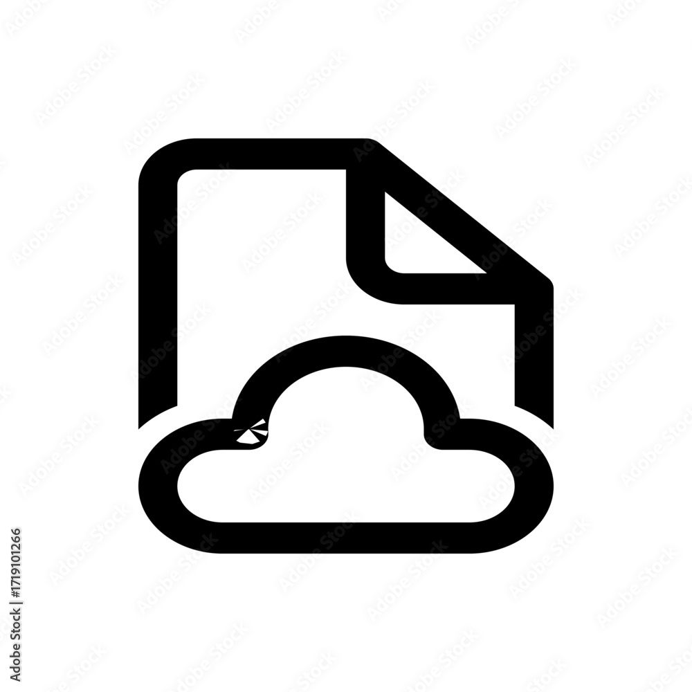 Poster black and white illustration of a document icon with a cloud shape below it in a simple outline styl