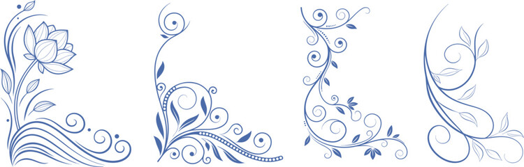 Elegant blue floral corner ornaments with swirls and leaves. Decorative vector elements perfect for invitations, borders, and stationery. Stylish vintage flourish design for classic  © Sk