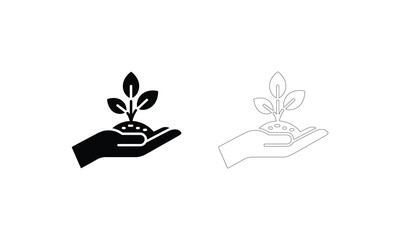 Hand holding soil with seedling icon black and white