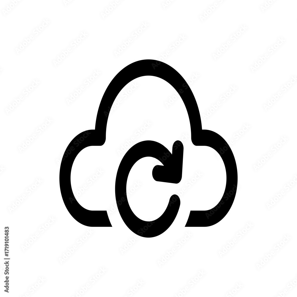 Poster illustration of a cloud shape with a circular arrow inside representing data synchronization process