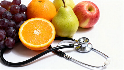 Fresh fruits including grapes, oranges, pear, and apple arranged with a stethoscope on a white background