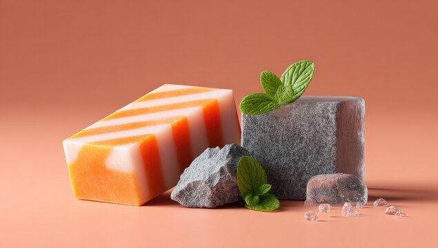 Two striped orange and white soaps rest beside gray stones, with fresh mint leaves