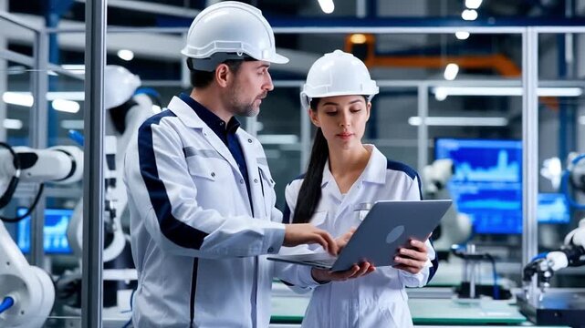 Industrial Engineers Programming Robotic Arm in High-Tech Manufacturing Facility for Smart Industry