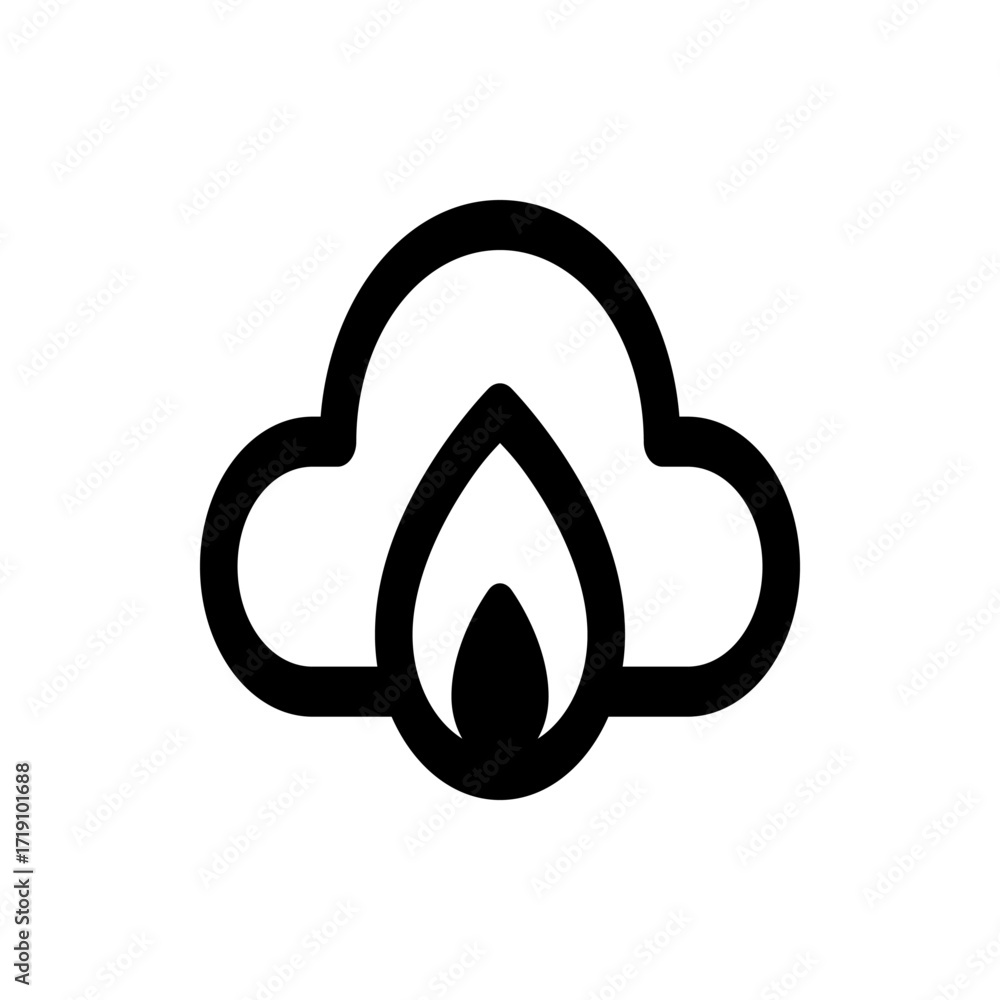 Poster illustration of a cloud outline with a flame or drop shape inside it in a simple and bold black desi