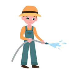 Cartoon Farmer Watering with Hose Illustration