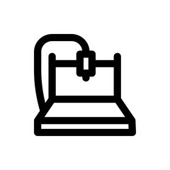 Illustration of a black outline 3d printer with a nozzle and a platform on a white background space