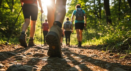 Hikers walking on forest trail with sunlight