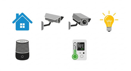 Smart home technology icons collection of security camera, speaker, thermostat and lightbulb