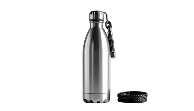 Sleek stainless steel water bottle with carrying strap