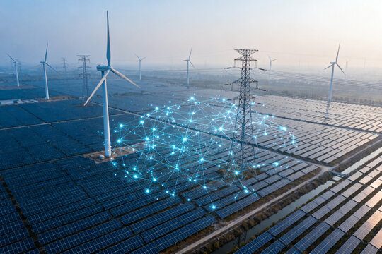 Aerial view of solar panels and wind turbines with digital network overlay representing renewable energy integration