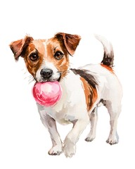 Watercolor illustration of Jack Russell Terrier carrying pink ball, playful small dog representing activity, fetch, and friendly energy