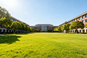 A spacious green lawn surrounded by red-brick academic buildings on a sunny day