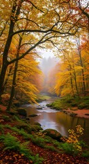 Autumn forest with river and colorful foliage landscape