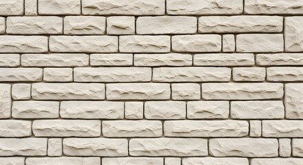 Obraz premium Textured beige stone wall featuring irregularly shaped bricks arranged in a uniform pattern