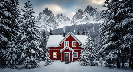 Cozy red cabin nestled in a snowy winter forest with majestic mountains in the background.