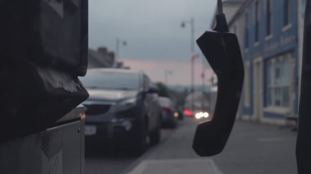 Exploring the charm of a quiet street as time slows down with a hanging phone in soft twilight