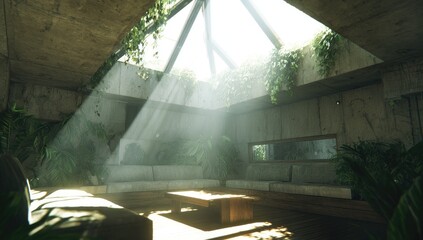 A sun-drenched interior space, filled with lush greenery and concrete architecture, showcasing a tranquil and serene atmosphere.
