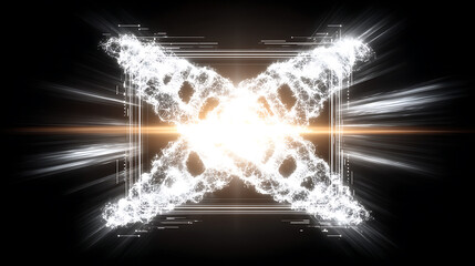Abstract digital X-shaped light pattern with glowing particles and geometric lines on dark background