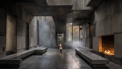 Obraz premium Gray concrete interior, light filtering, benches, fire